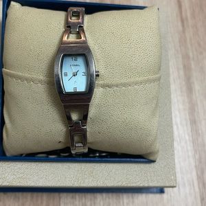 Fossil Watch Women Silver Tone Petite Skinny Blue Rectangle Dial ES 9304 WR30m